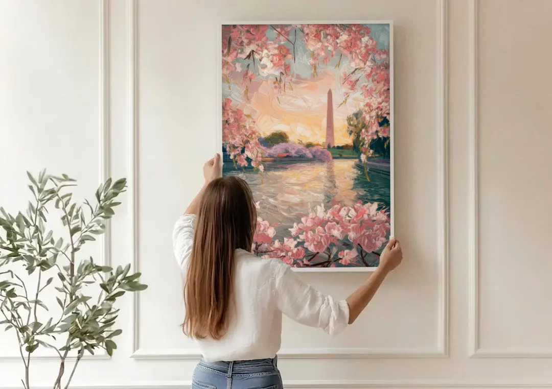 Washington DC Cherry Blossoms canvas wall art being hung on a paneled wall