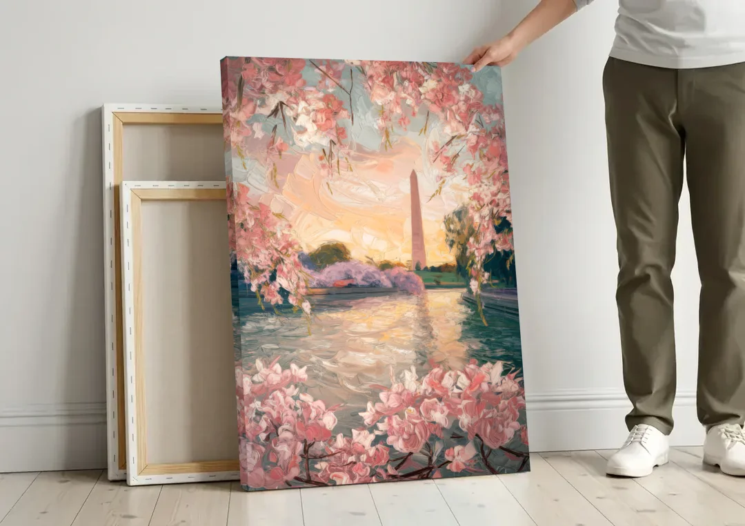Washington DC Cherry Blossoms canvas wall art leaning against a wall next to blank canvases