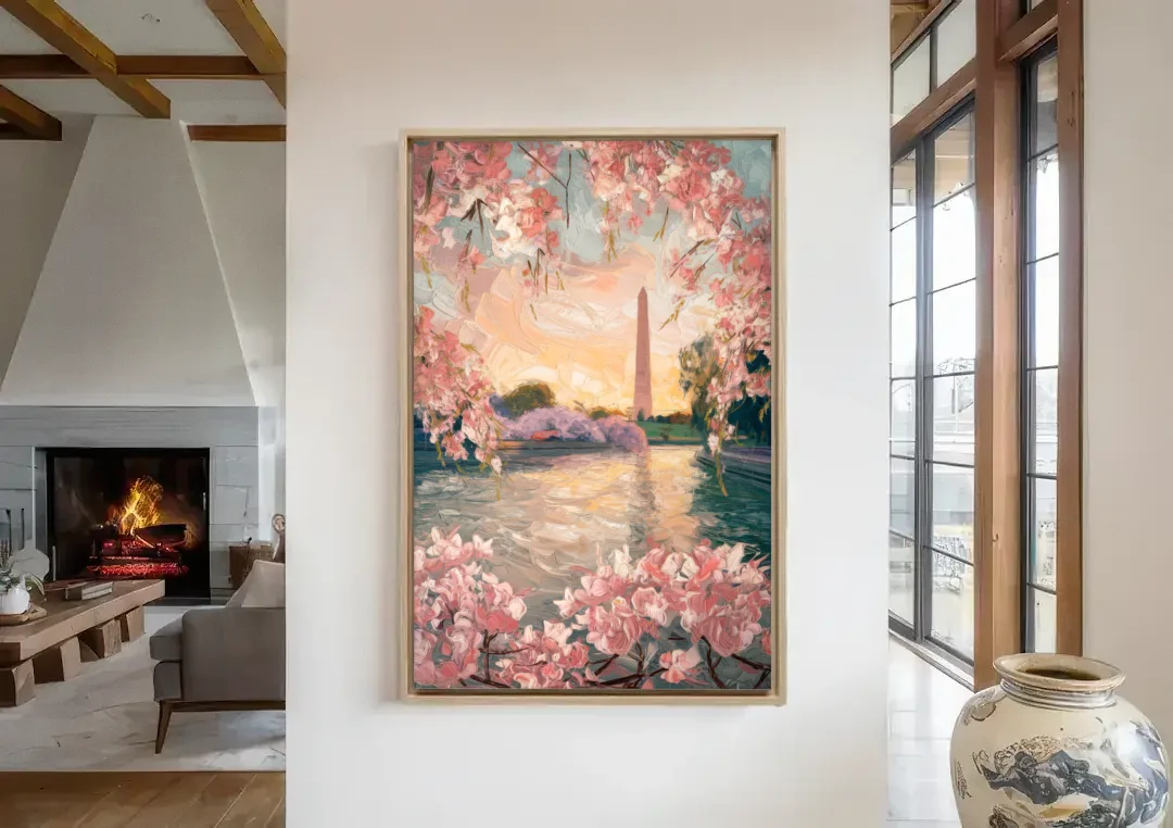 Washington DC Cherry Blossoms canvas wall art in a living room with a fireplace