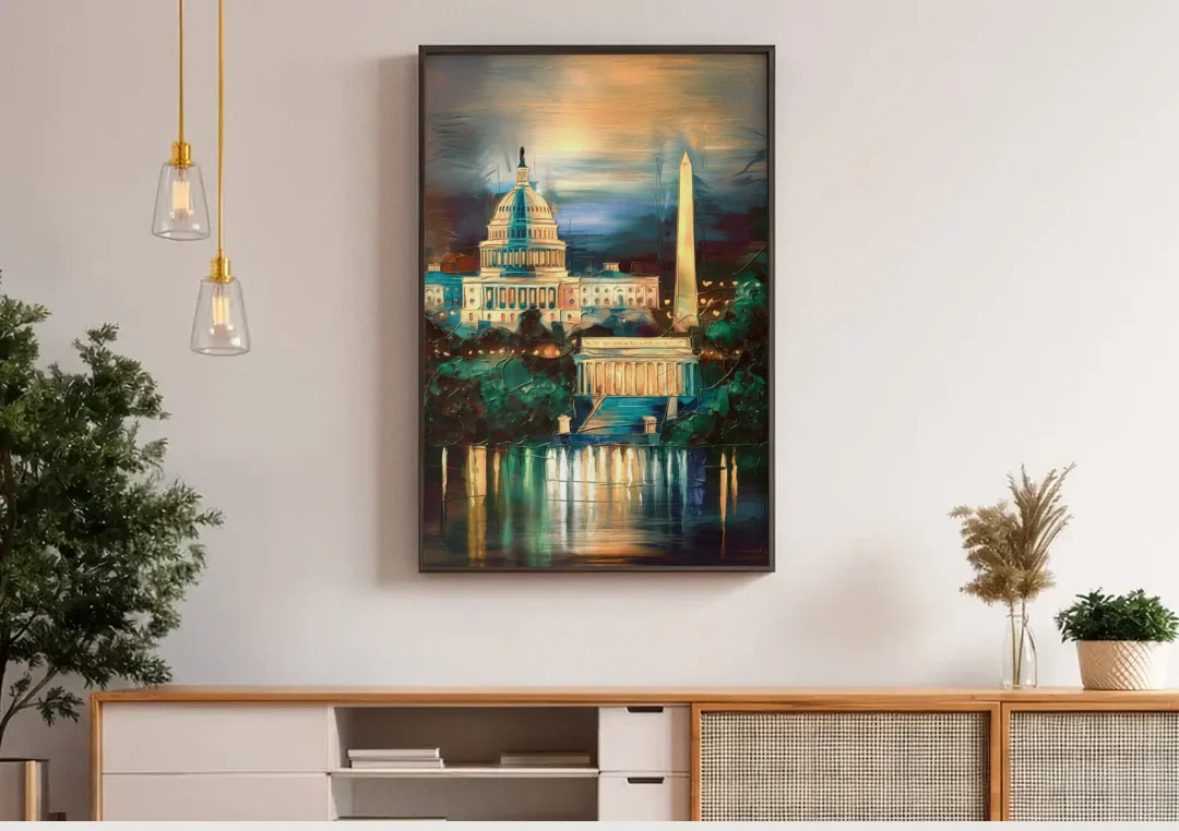 Washington DC Historic Landmarks canvas wall art above a wooden sideboard under pendant lights