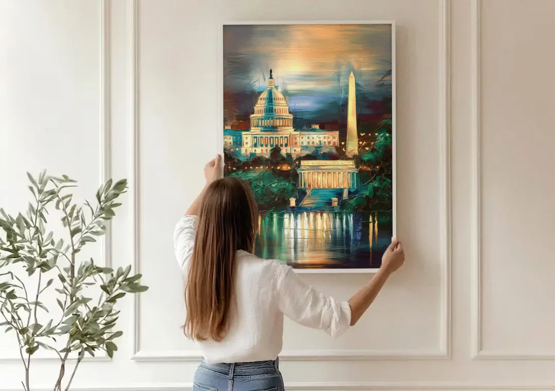 Washington DC Historic Landmarks canvas wall art being hung on a paneled wall