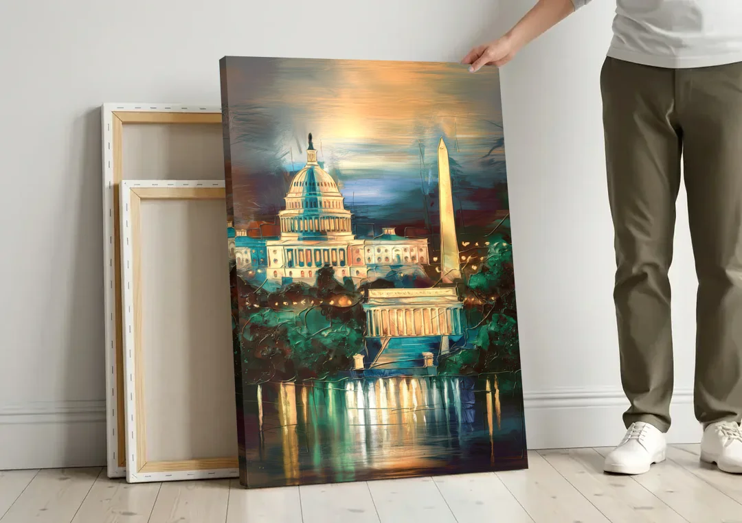 Washington DC Historic Landmarks canvas wall art leaning against a wall next to blank canvases