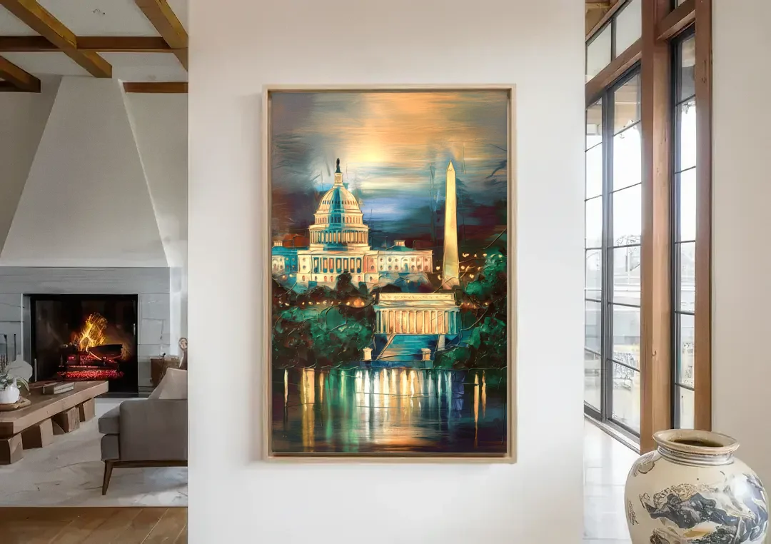 Washington DC Historic Landmarks canvas wall art in a living room with a fireplace