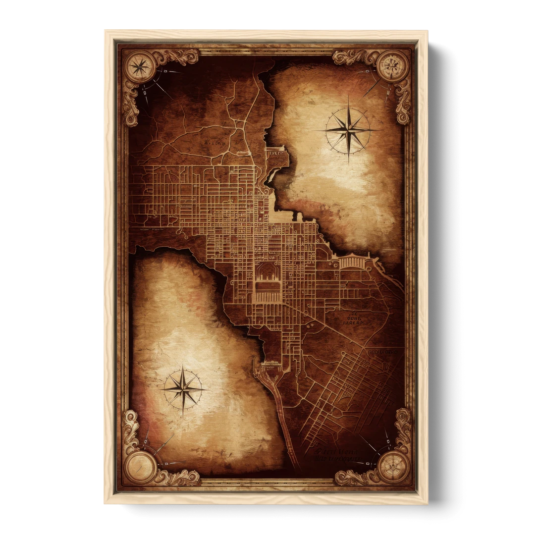 Washington DC Map Vintage - Oak Framed Canvas Wall Art - Front