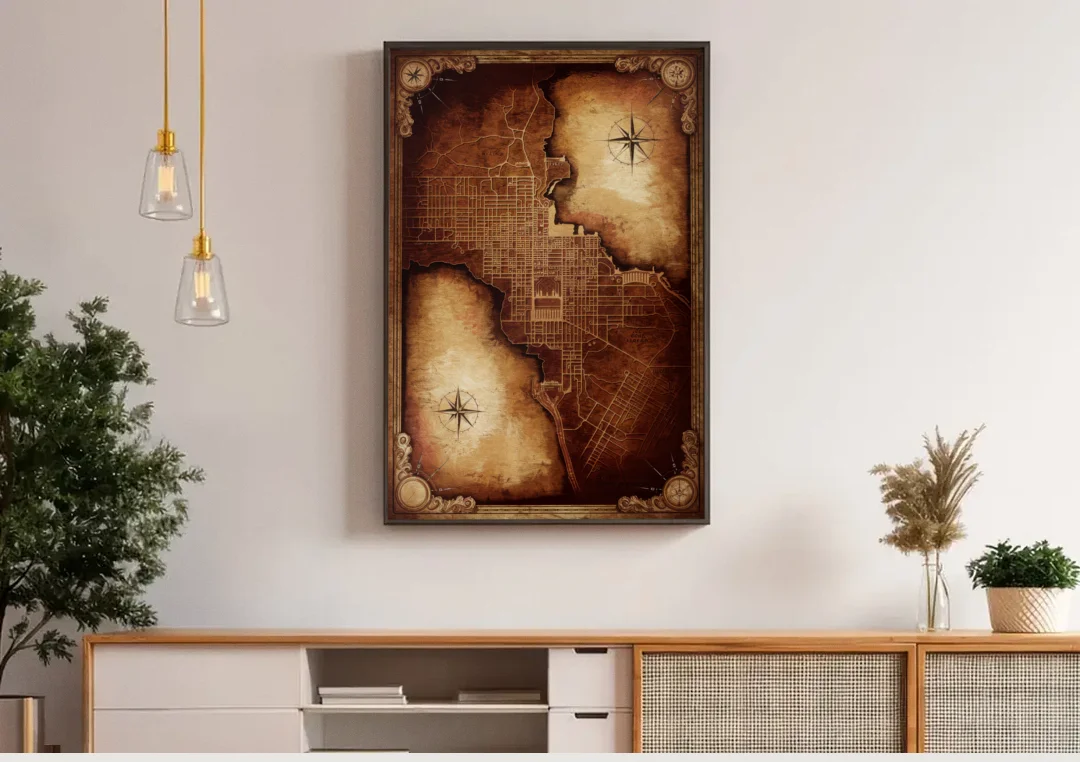 Washington DC Map Vintage canvas wall art above a wooden sideboard under pendant lights