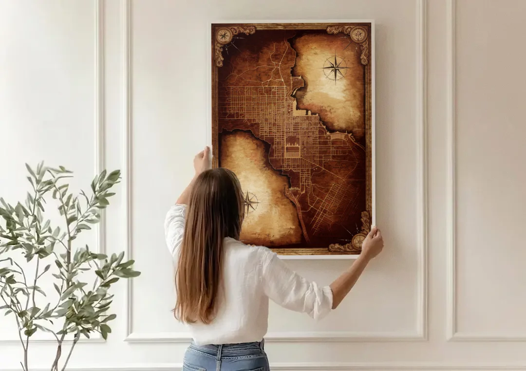 Washington DC Map Vintage canvas wall art being hung on a paneled wall