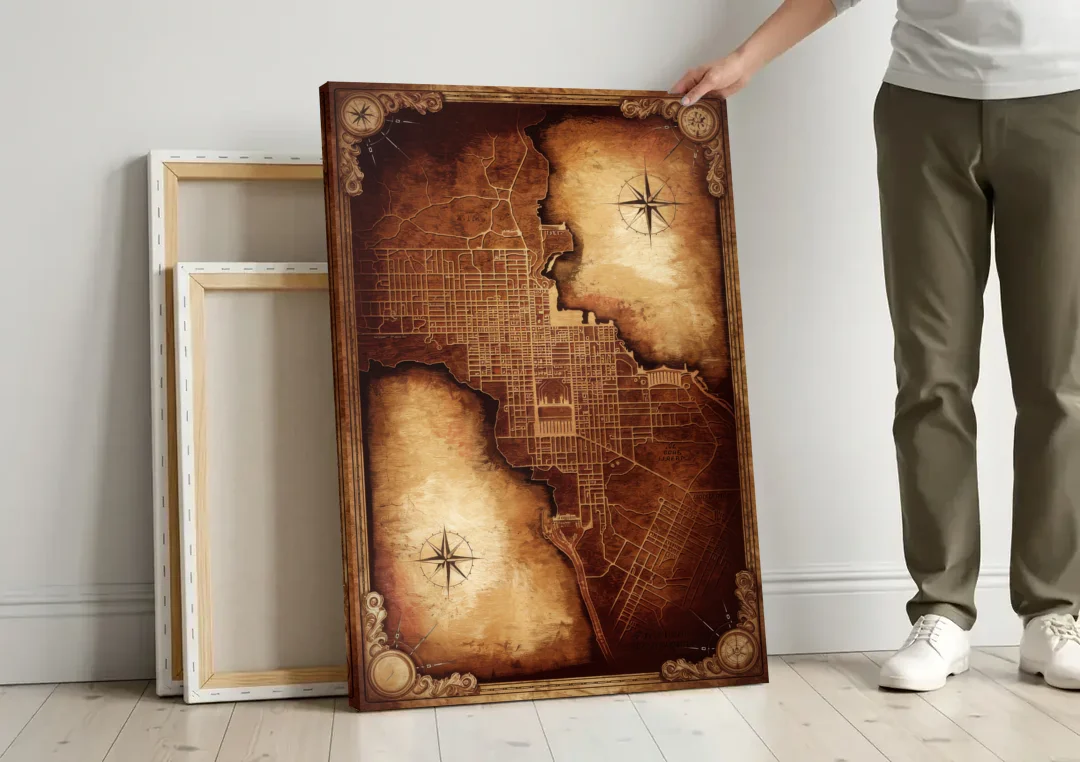 Washington DC Map Vintage canvas wall art leaning against a wall next to blank canvases