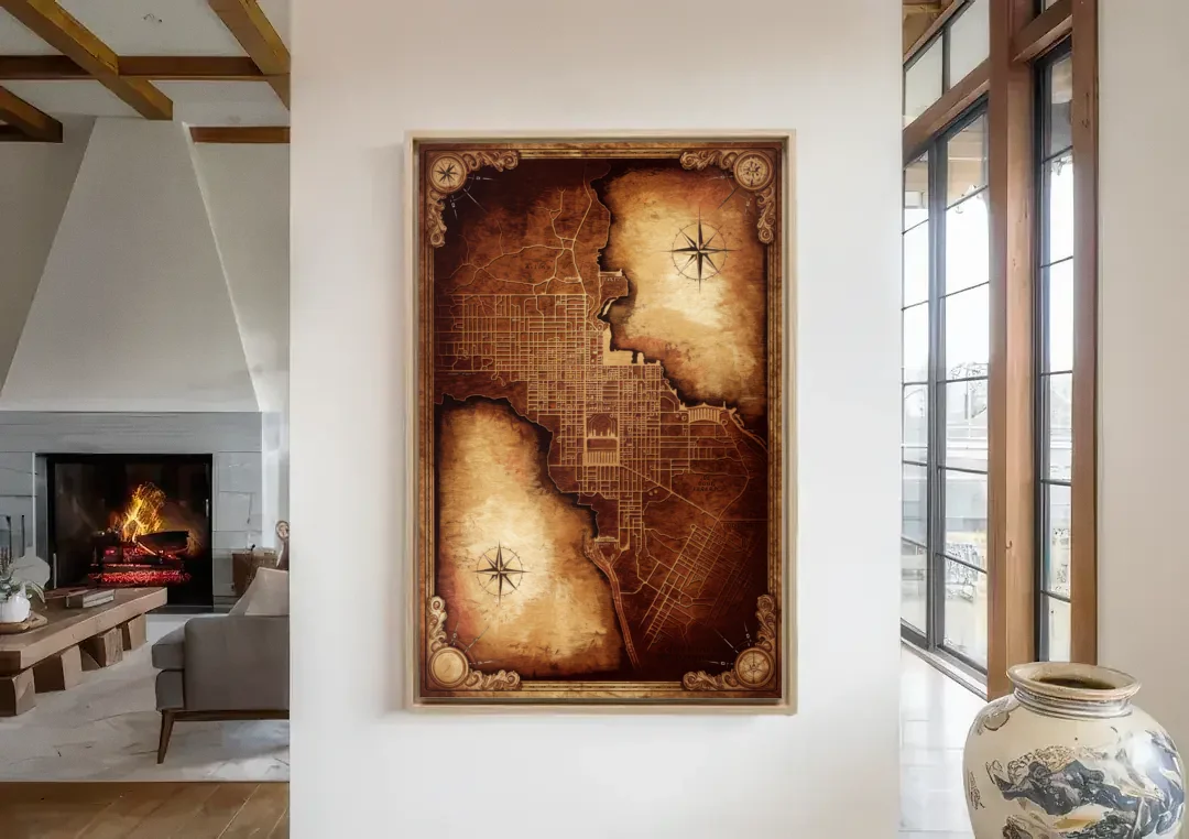 Washington DC Map Vintage canvas wall art in a living room with a fireplace