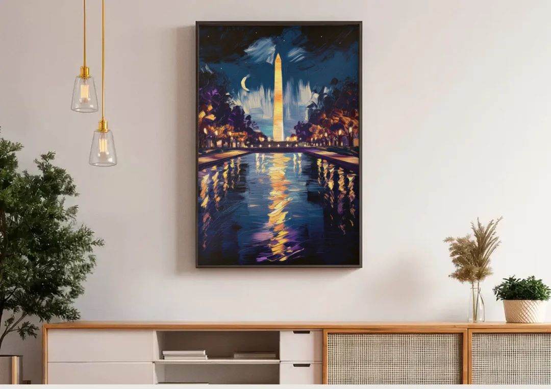 Washington DC Night Lights canvas wall art above a wooden sideboard under pendant lights