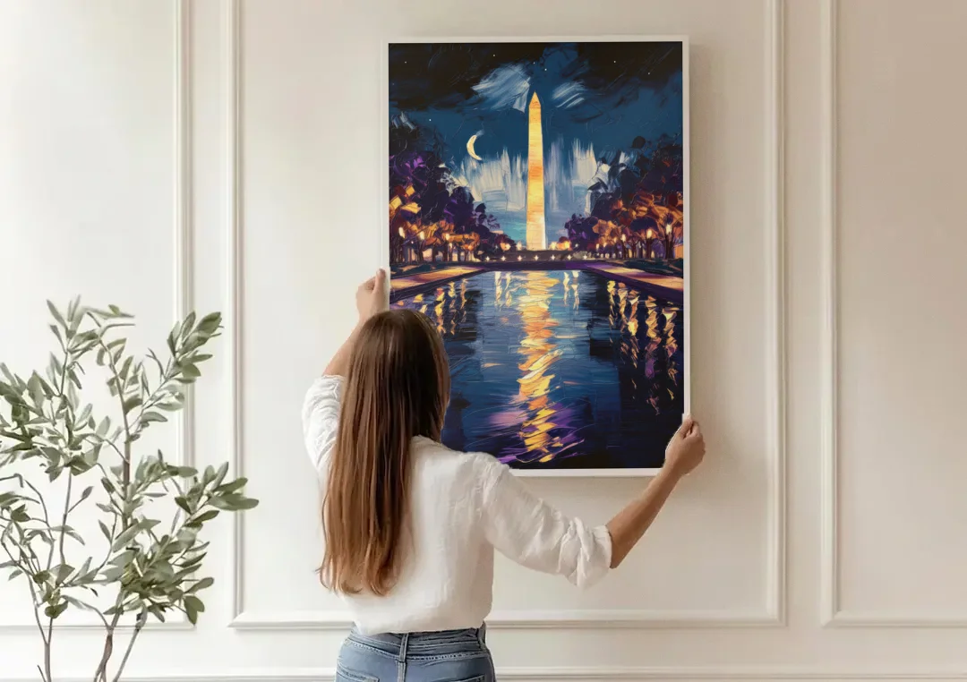 Washington DC Night Lights canvas wall art being hung on a paneled wall