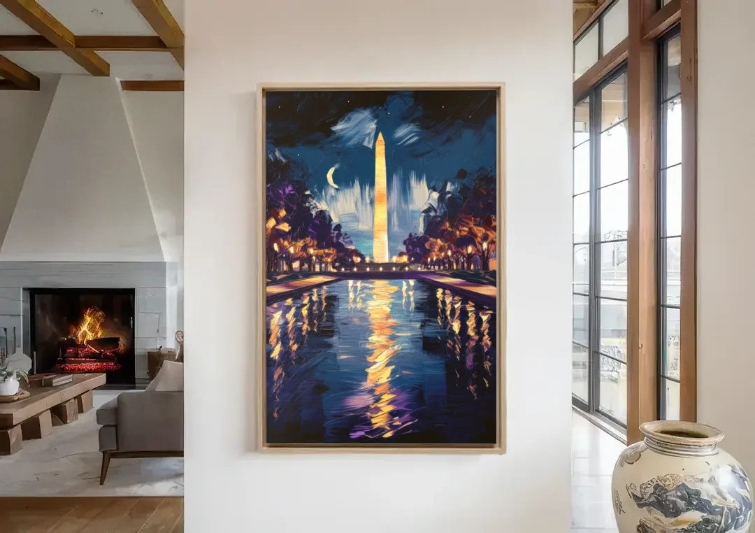Washington DC Night Lights canvas wall art in a living room with a fireplace