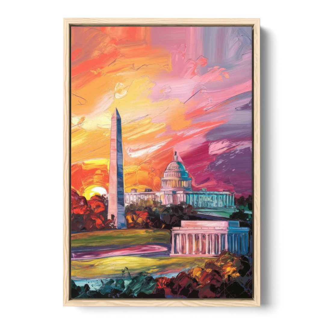 Washington DC Skyline Sunset - Oak Framed Canvas Wall Art - Front