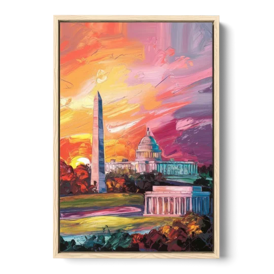 Washington DC Skyline Sunset - Oak Framed Canvas Wall Art - Front