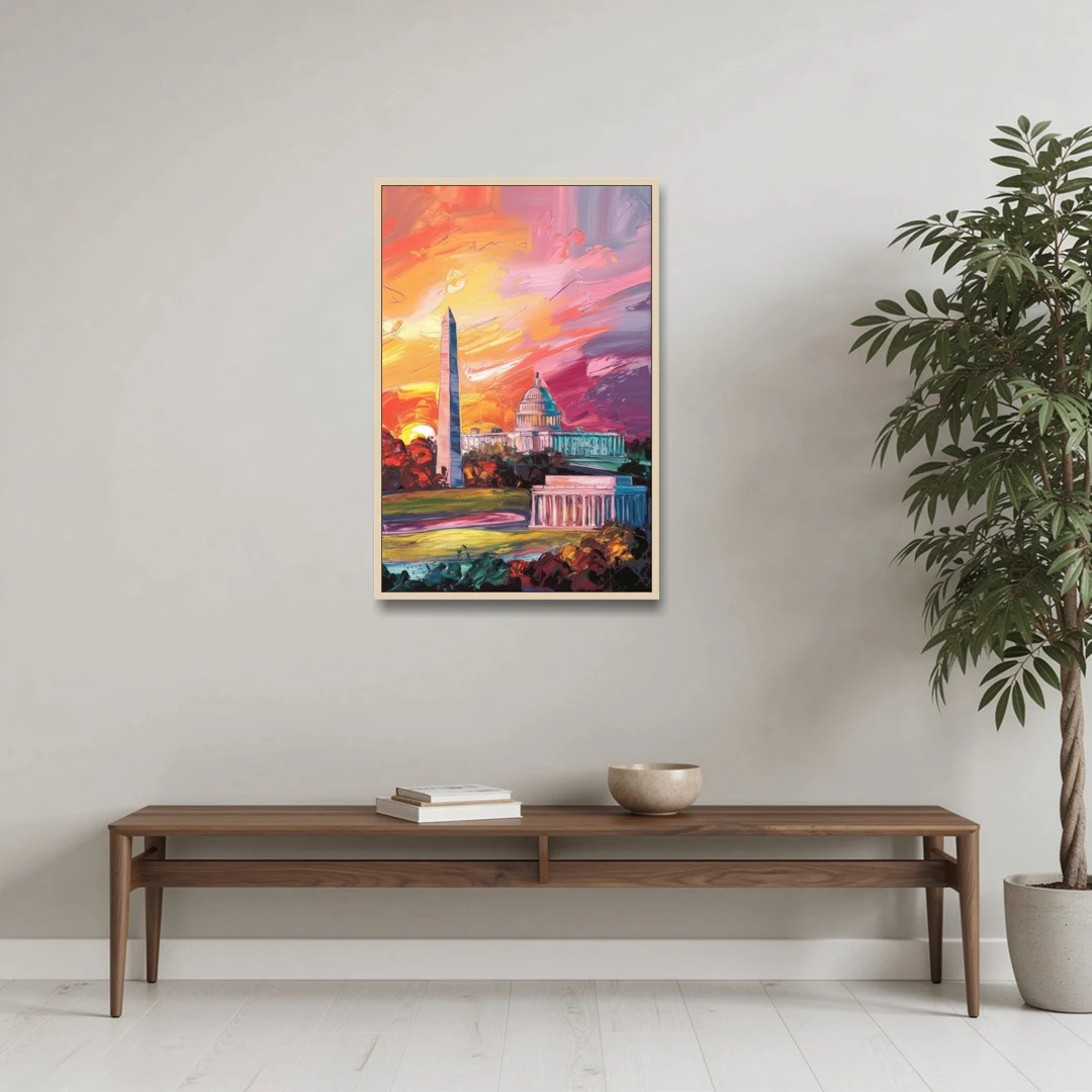 Washington DC Skyline Sunset - Oak Framed Canvas Wall Art - Coffee Table - 24x36
