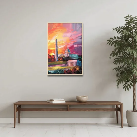 Washington DC Skyline Sunset - Oak Framed Canvas Wall Art - Coffee Table - 24x36