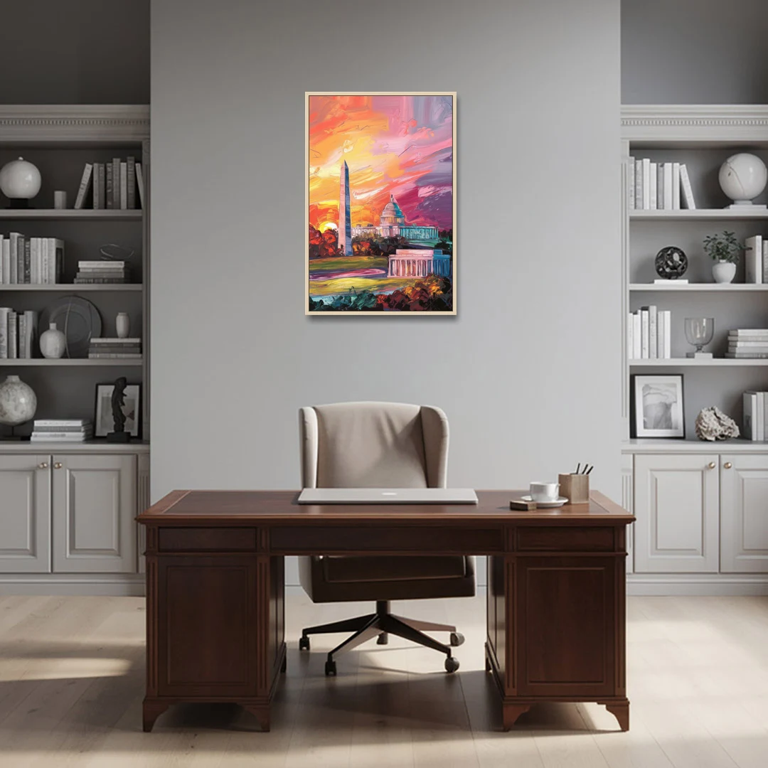 Washington DC Skyline Sunset - Oak Framed Canvas Wall Art - Office - 24x36