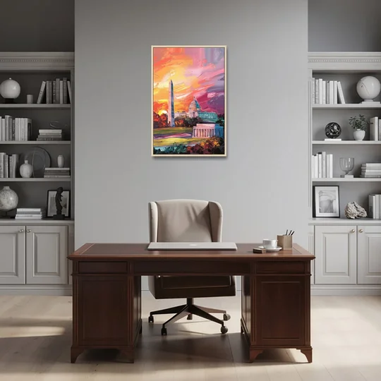 Washington DC Skyline Sunset - Oak Framed Canvas Wall Art - Office - 24x36