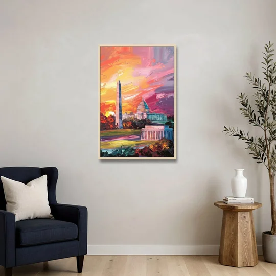 Washington DC Skyline Sunset - Oak Framed Canvas Wall Art - Sofa - 24x36