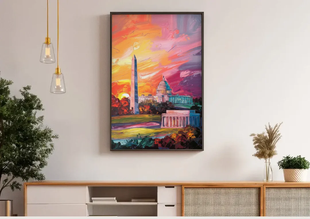 Washington DC Skyline Sunset canvas wall art above a wooden sideboard under pendant lights