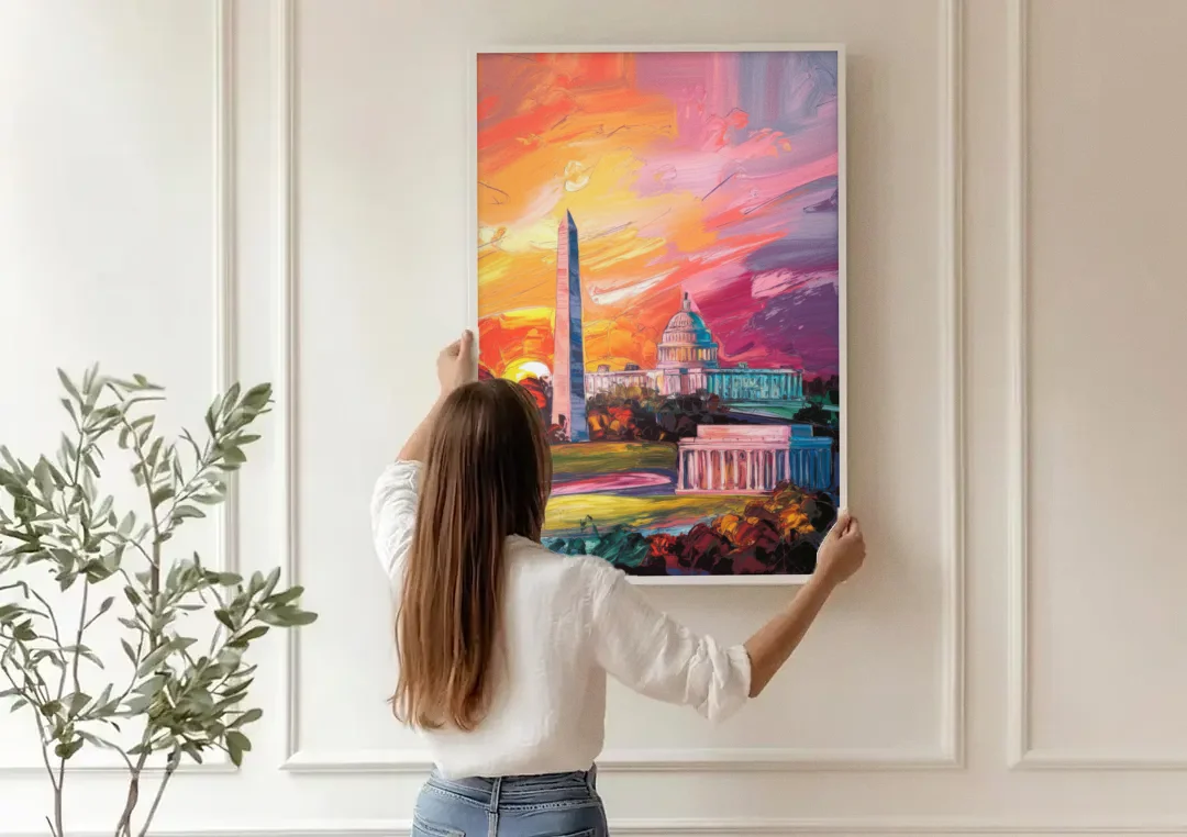Washington DC Skyline Sunset canvas wall art being hung on a paneled wall