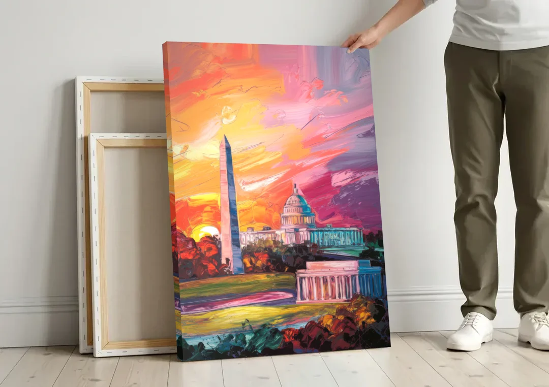 Washington DC Skyline Sunset canvas wall art leaning against a wall next to blank canvases