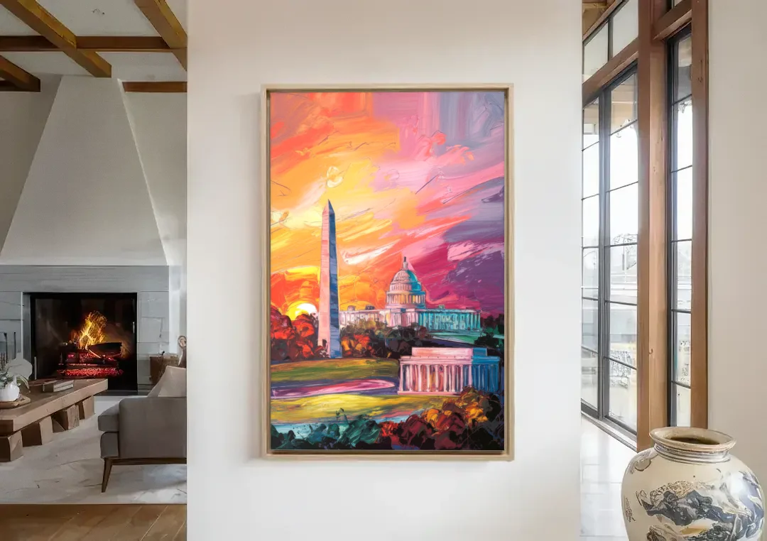 Washington DC Skyline Sunset canvas wall art in a living room with a fireplace