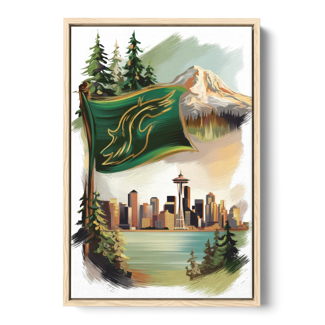Washington Flags and Symbols - Oak Framed Canvas Wall Art - Front