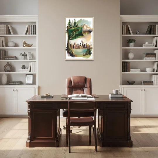 Washington Flags and Symbols - Oak Framed Canvas Wall Art - Office - 24x36