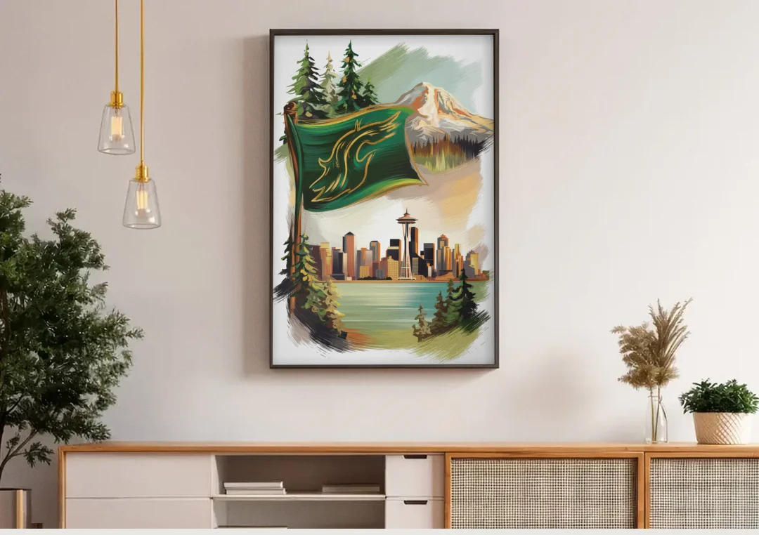 Washington Flags and Symbols canvas wall art above a wooden sideboard under pendant lights