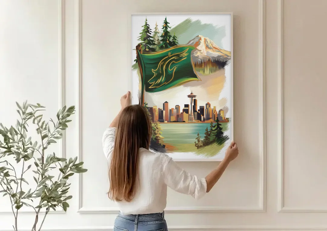 Washington Flags and Symbols canvas wall art being hung on a paneled wall