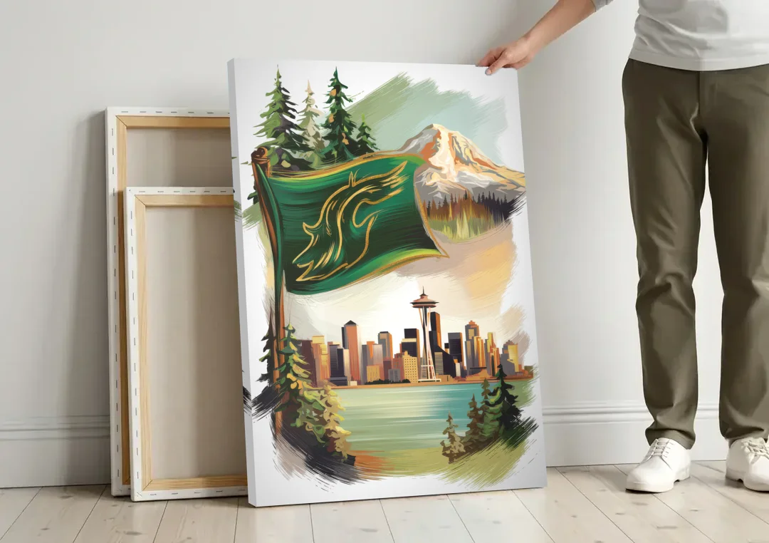 Washington Flags and Symbols canvas wall art leaning against a wall next to blank canvases