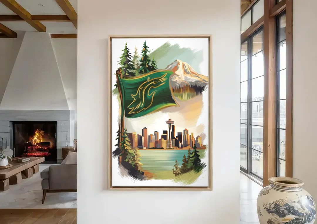 Washington Flags and Symbols canvas wall art in a living room with a fireplace