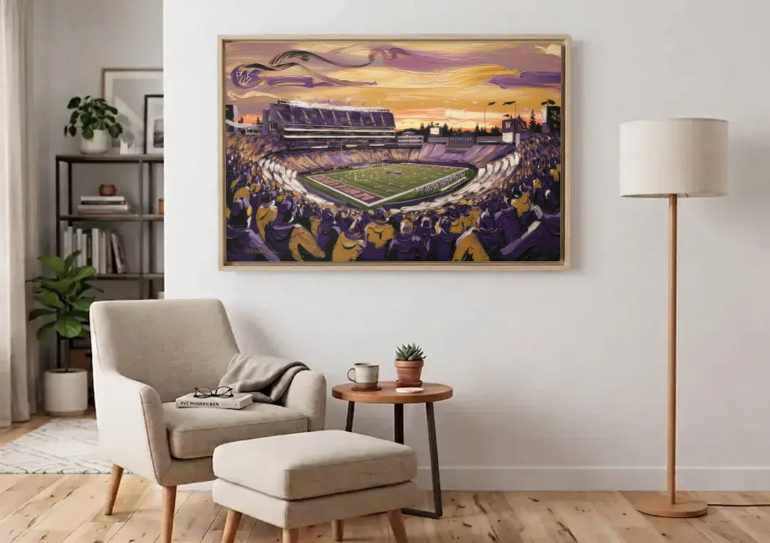 Washington Huskies Spirit canvas wall art above an armchair in a bright living room