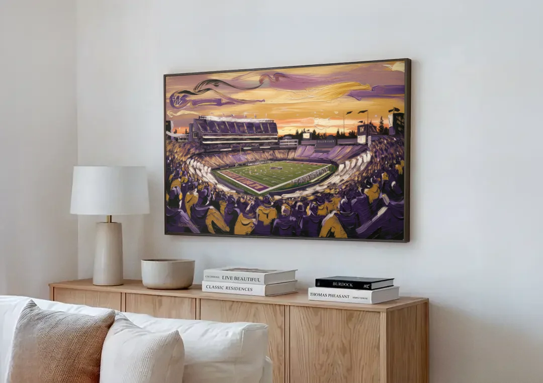 Washington Huskies Spirit canvas wall art above a wooden sideboard next to a sofa