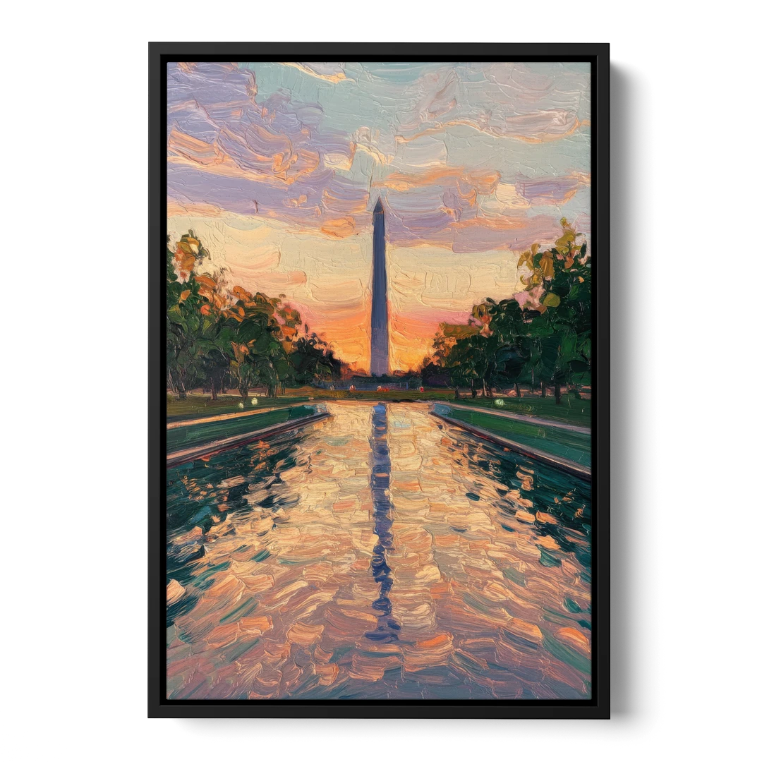 Washington Monument Reflection - Black Framed Canvas Wall Art - Front