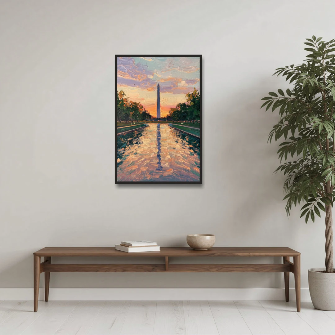 Washington Monument Reflection - Black Framed Canvas Wall Art - Coffee Table - 24x36