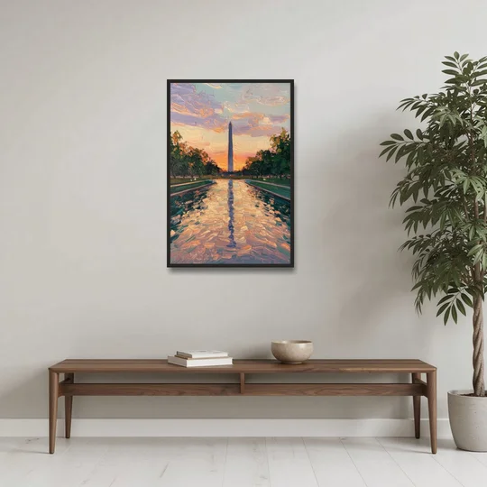 Washington Monument Reflection - Black Framed Canvas Wall Art - Coffee Table - 24x36