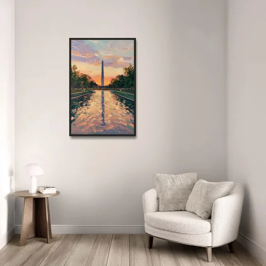 Washington Monument Reflection - Black Framed Canvas Wall Art - Sofa - 24x36