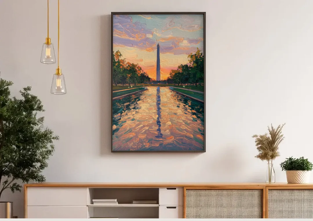 Washington Monument Reflection canvas wall art above a wooden sideboard under pendant lights