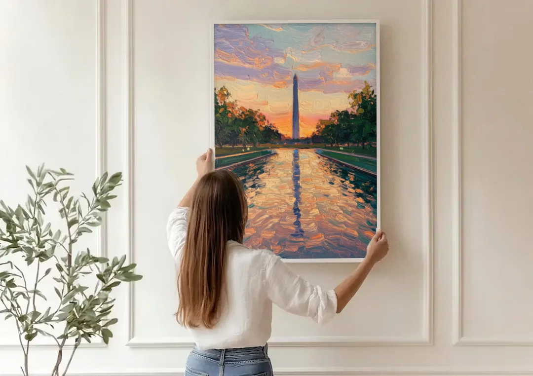 Washington Monument Reflection canvas wall art being hung on a paneled wall