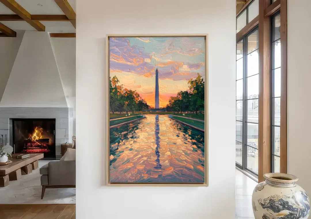 Washington Monument Reflection canvas wall art in a living room with a fireplace