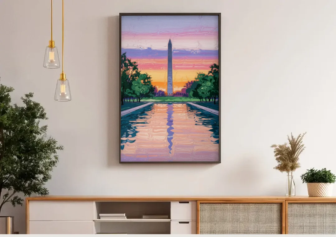 Washington Monument View canvas wall art above a wooden sideboard under pendant lights