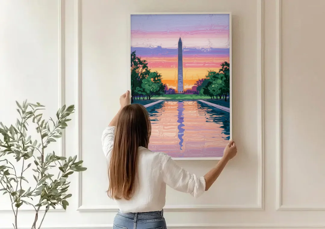 Washington Monument View canvas wall art being hung on a paneled wall