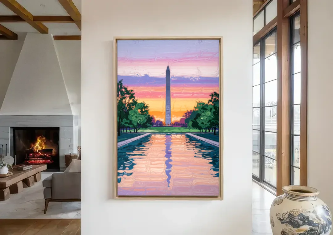 Washington Monument View canvas wall art in a living room with a fireplace