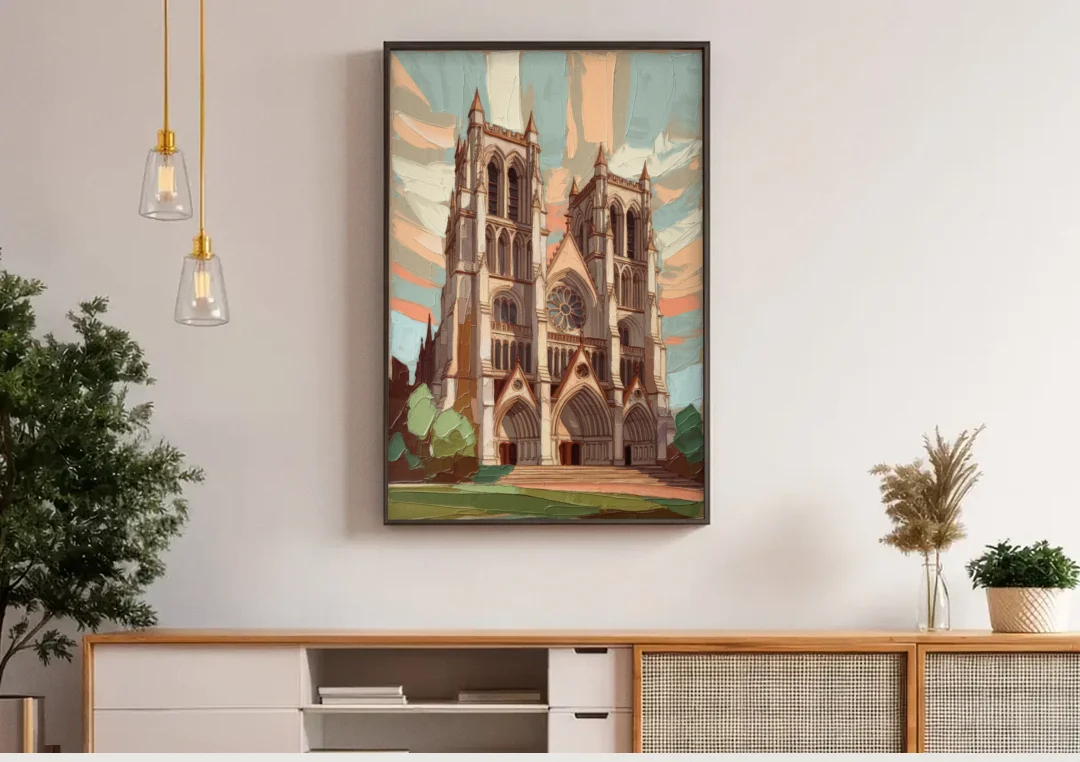 Washington National Cathedral canvas wall art above a wooden sideboard under pendant lights