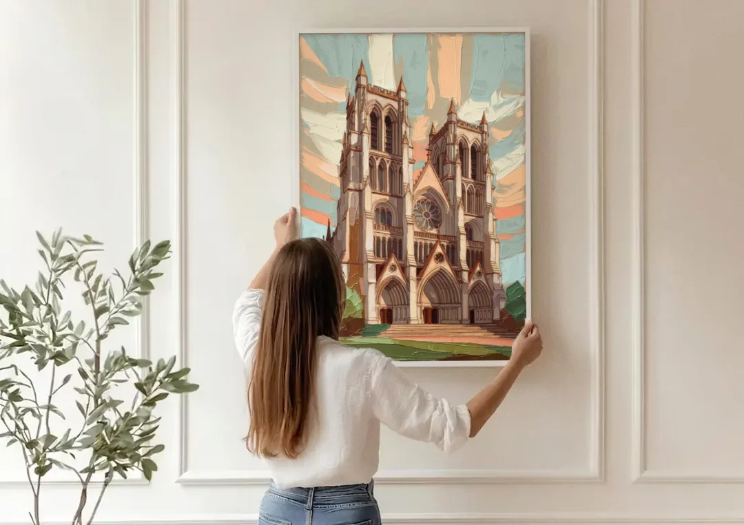 Washington National Cathedral canvas wall art being hung on a paneled wall