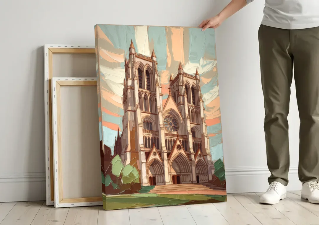 Washington National Cathedral canvas wall art leaning against a wall next to blank canvases
