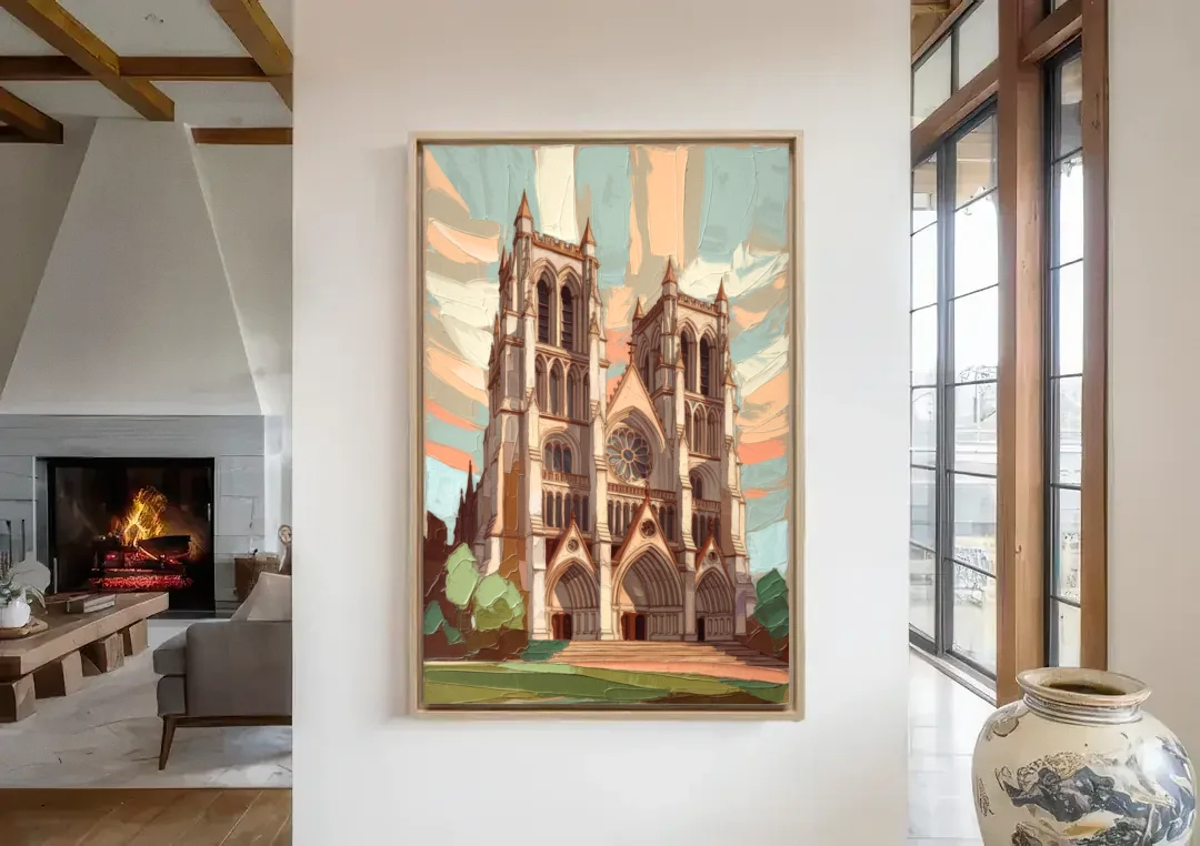Washington National Cathedral canvas wall art in a living room with a fireplace