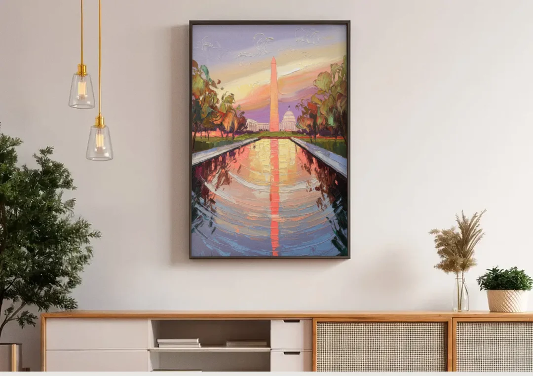 Washington National Mall canvas wall art above a wooden sideboard under pendant lights