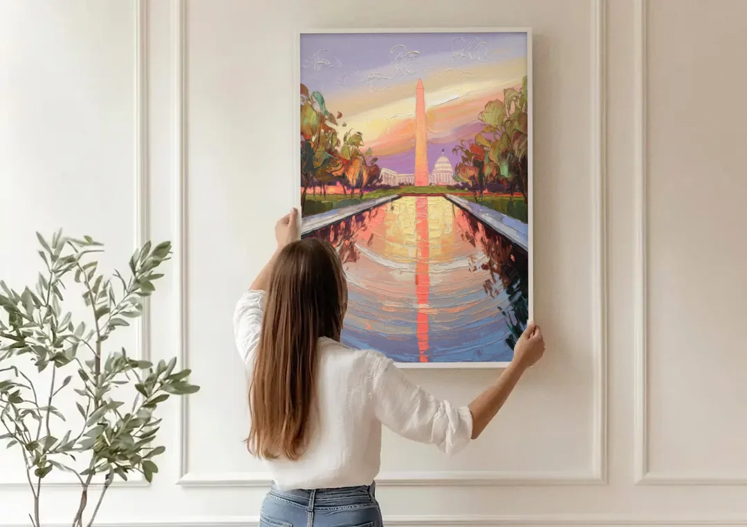 Washington National Mall canvas wall art being hung on a paneled wall